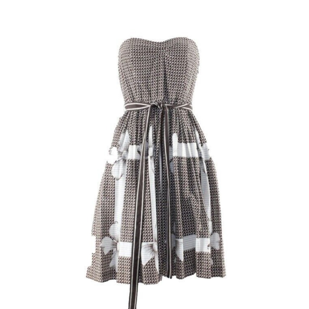Edme Esylite Sz 4 Brown Cream Belted Pleated Fit N Flare 100% Cotton Dress